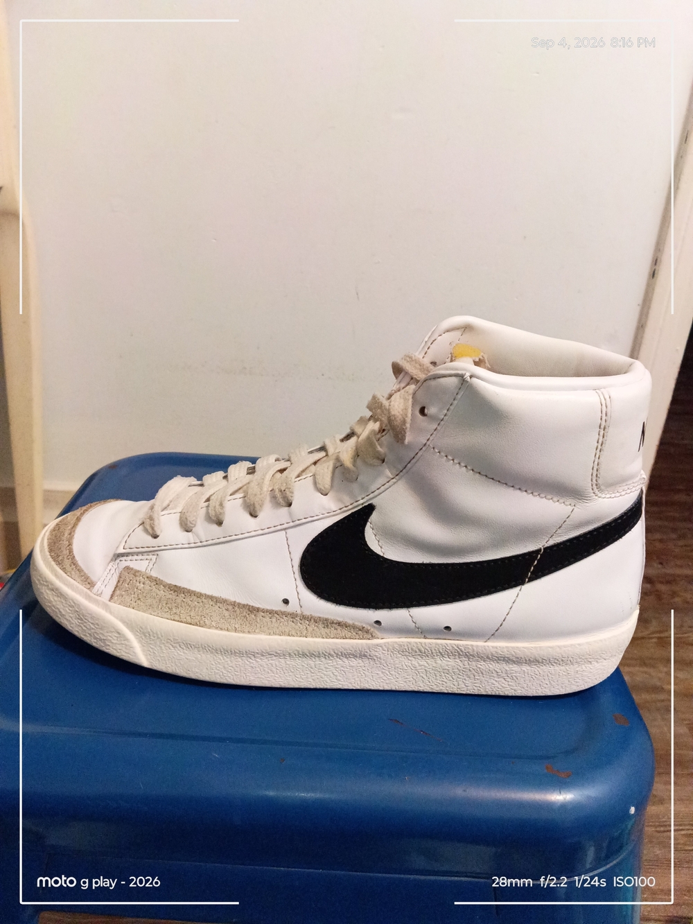 Nike Men’s White High-Top Sneakers with Black Swoosh and Beige Suede Accent